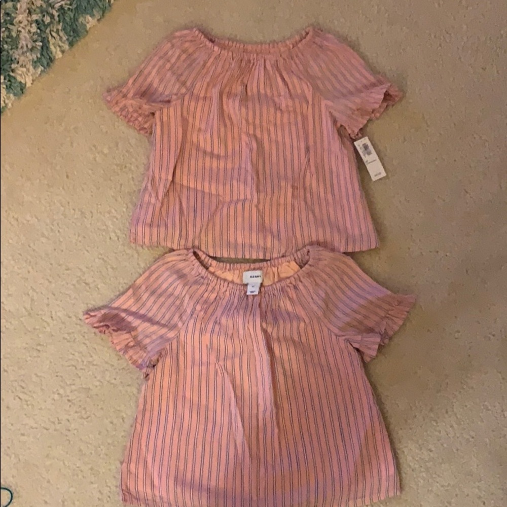 Twin girls matching Frilly sleeve pinstripe shirt